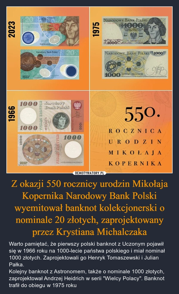 
    Z okazji 550 rocznicy urodzin Mikołaja Kopernika Narodowy Bank Polski wyemitował banknot kolekcjonerski o nominale 20 złotych, zaprojektowany przez Krystiana Michalczaka