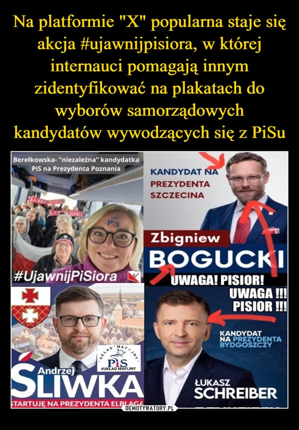 
    Na platformie "X" popularna staje się akcja #ujawnijpisiora, w której internauci pomagają innym zidentyfikować na plakatach do wyborów samorządowych kandydatów wywodzących się z PiSu