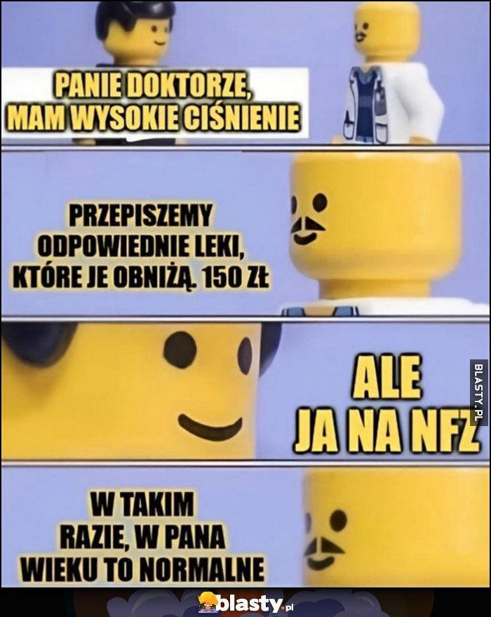 
    Panie doktorze mam wysokie ciśnienie, lekarz: przepiszemy leki które je obniżą, 150 zł. Ale ja na NFZ, w takim razie w pana wieku to normalne