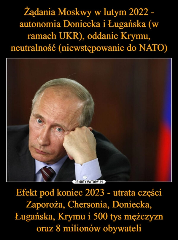 
    Żądania Moskwy w lutym 2022 - autonomia Doniecka i Ługańska (w ramach UKR), oddanie Krymu, neutralność (niewstępowanie do NATO) Efekt pod koniec 2023 - utrata części Zaporoża, Chersonia, Doniecka, Ługańska, Krymu i 500 tys mężczyzn oraz 8 milionów obywateli