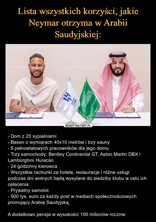 
    Lista wszystkich korzyści, jakie Neymar otrzyma w Arabii Saudyjskiej: