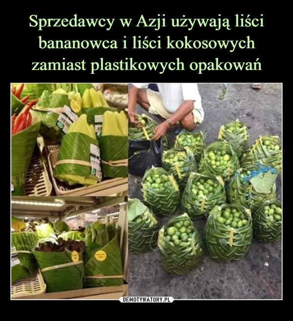 
    Sprzedawcy w Azji używają liści bananowca i liści kokosowych zamiast plastikowych opakowań