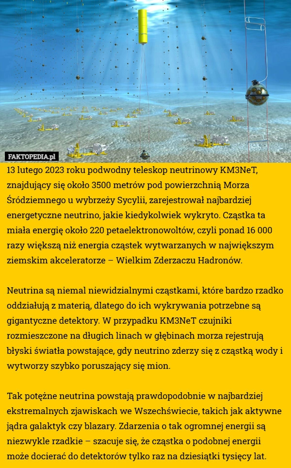 
    13 lutego 2023 roku podwodny teleskop neutrinowy KM3NeT, znajdujący się