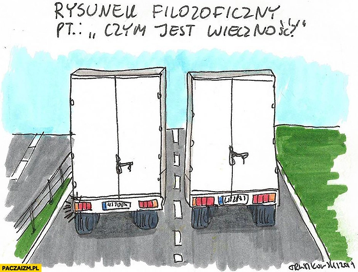 
    Rysunek filozoficzny pt. „Czym jest wieczność” TIRy się wyprzedzają