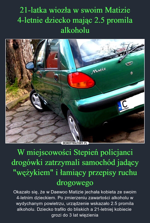 
    21-latka wiozła w swoim Matizie 4-letnie dziecko mając 2.5 promila alkoholu W miejscowości Stepień policjanci drogówki zatrzymali samochód jadący "wężykiem" i łamiący przepisy ruchu drogowego