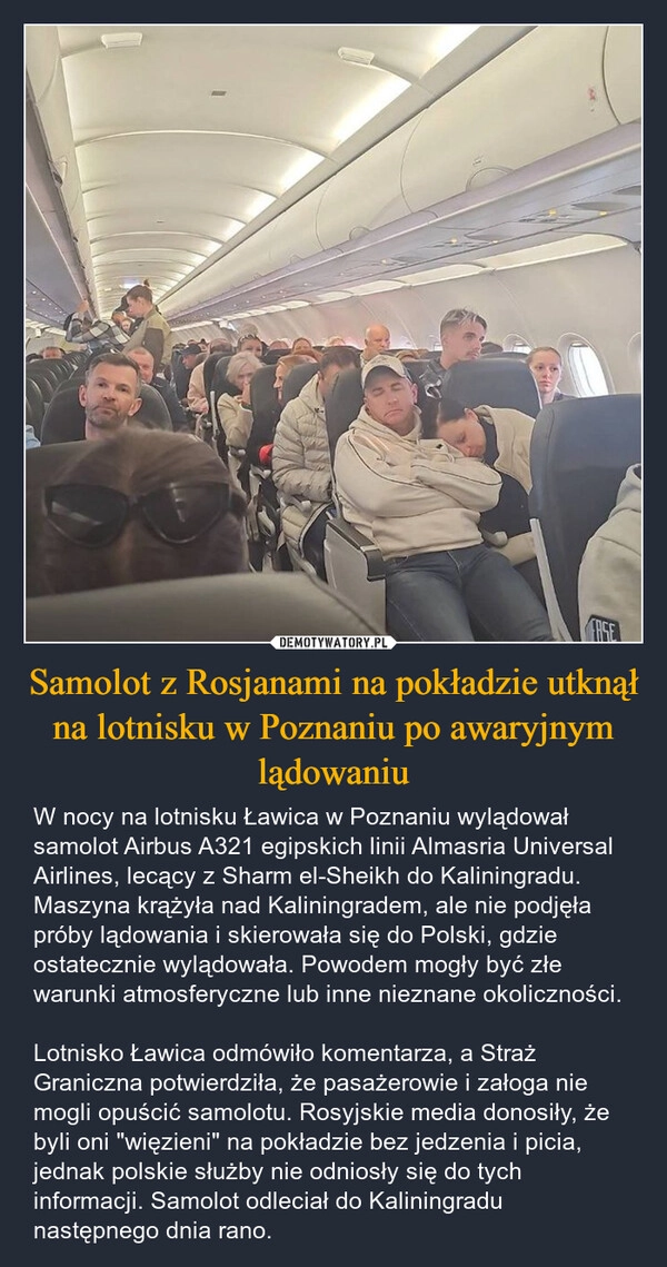 
    Samolot z Rosjanami na pokładzie utknął na lotnisku w Poznaniu po awaryjnym lądowaniu