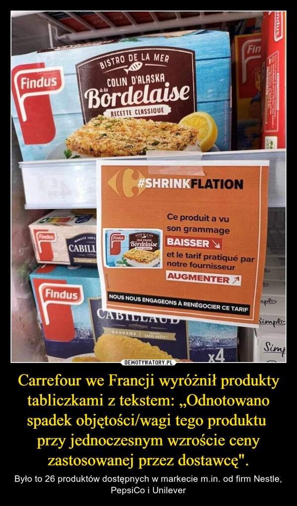 
    Carrefour we Francji wyróżnił produkty tabliczkami z tekstem: „Odnotowano spadek objętości/wagi tego produktu  przy jednoczesnym wzroście ceny zastosowanej przez dostawcę".