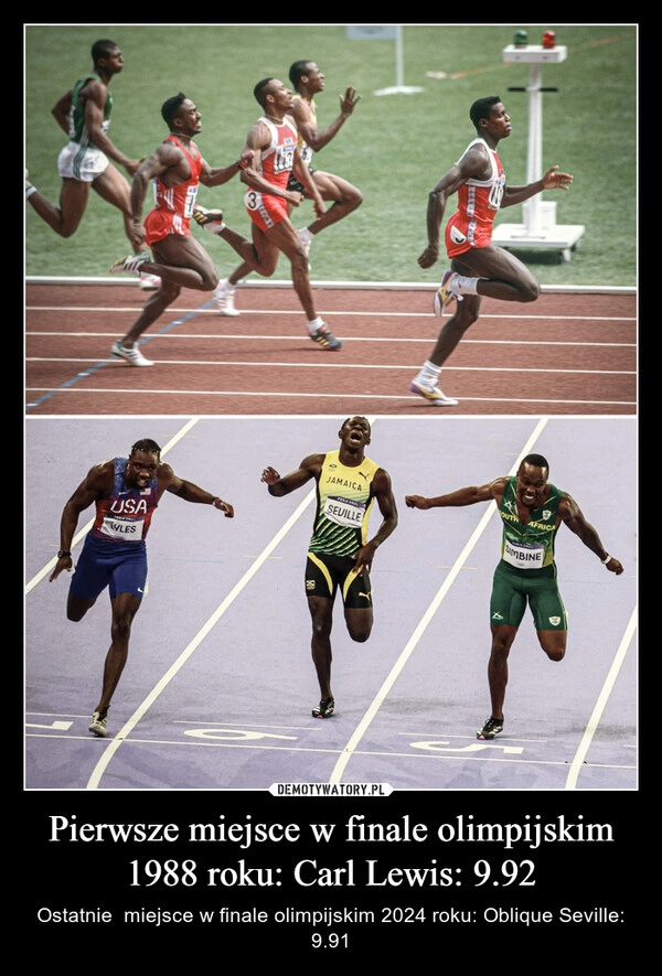 
    Pierwsze miejsce w finale olimpijskim 1988 roku: Carl Lewis: 9.92