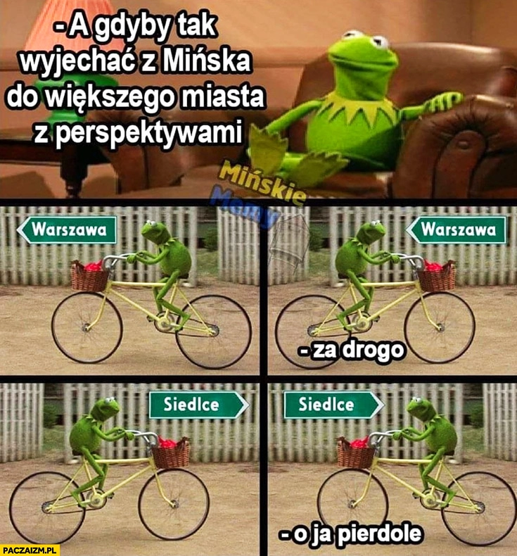 
    Kermit a gdyby tak wyjechać z Mińska do większego miasta z perspektywami? Warszawa za drogo, Siedlce o ja pierdziele