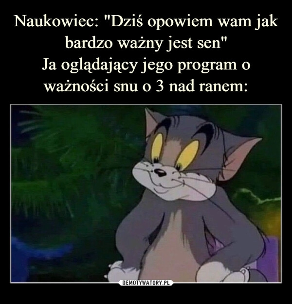 
    Naukowiec: "Dziś opowiem wam jak bardzo ważny jest sen"
Ja oglądający jego program o ważności snu o 3 nad ranem: