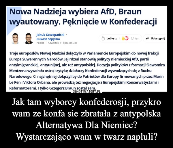 
    Jak tam wyborcy konfederosji, przykro wam ze konfa sie zbratała z antypolska Alternatywa Dla Niemiec? Wystarczająco wam w twarz napluli?