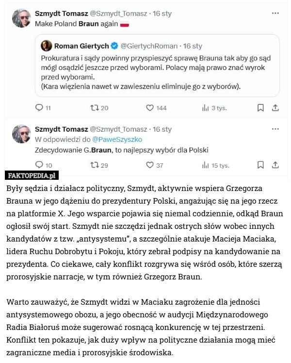 
    Były sędzia i działacz polityczny, Szmydt, aktywnie wspiera Grzegorza Brauna