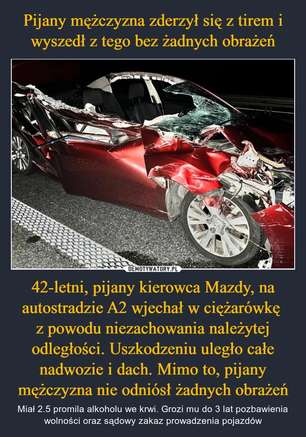 
    Pijany mężczyzna zderzył się z tirem i wyszedł z tego bez żadnych obrażeń 42-letni, pijany kierowca Mazdy, na autostradzie A2 wjechał w ciężarówkę 
z powodu niezachowania należytej odległości. Uszkodzeniu uległo całe nadwozie i dach. Mimo to, pijany mężczyzna nie odniósł żadnych obrażeń