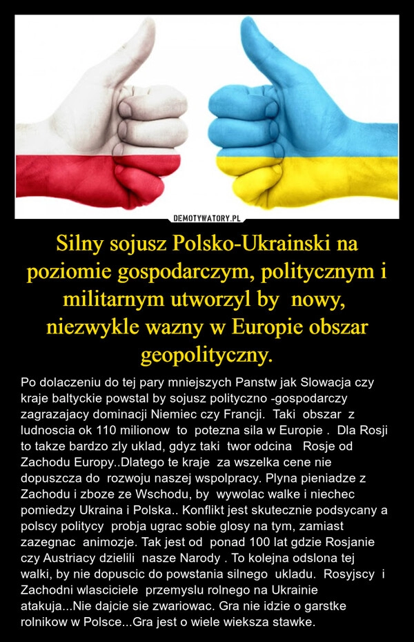 
    Silny sojusz Polsko-Ukrainski na poziomie gospodarczym, politycznym i militarnym utworzyl by  nowy,  niezwykle wazny w Europie obszar geopolityczny.