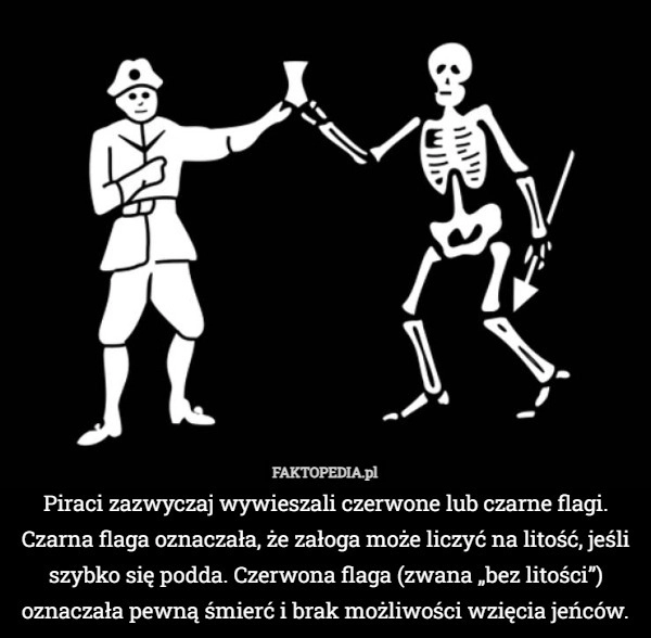 
    Piraci zazwyczaj wywieszali czerwone lub czarne flagi. Czarna flaga oznaczała,