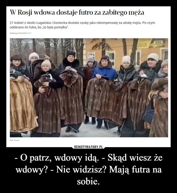 
    - O patrz, wdowy idą. - Skąd wiesz że wdowy? - Nie widzisz? Mają futra na sobie.