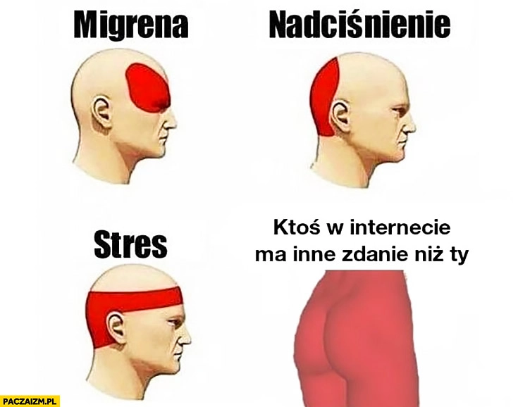 
    Migrena, nadciśnienie, stres – ból głowy, ktoś w internecie ma inne zdanie niż Ty – ból tyłka