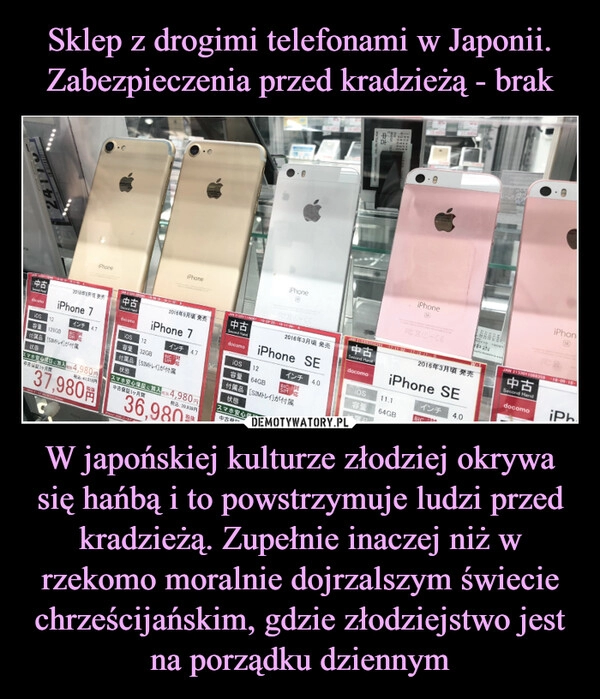 
    Sklep z drogimi telefonami w Japonii.
Zabezpieczenia przed kradzieżą - brak W japońskiej kulturze złodziej okrywa się hańbą i to powstrzymuje ludzi przed kradzieżą. Zupełnie inaczej niż w rzekomo moralnie dojrzalszym świecie chrześcijańskim, gdzie złodziejstwo jest na porządku dziennym