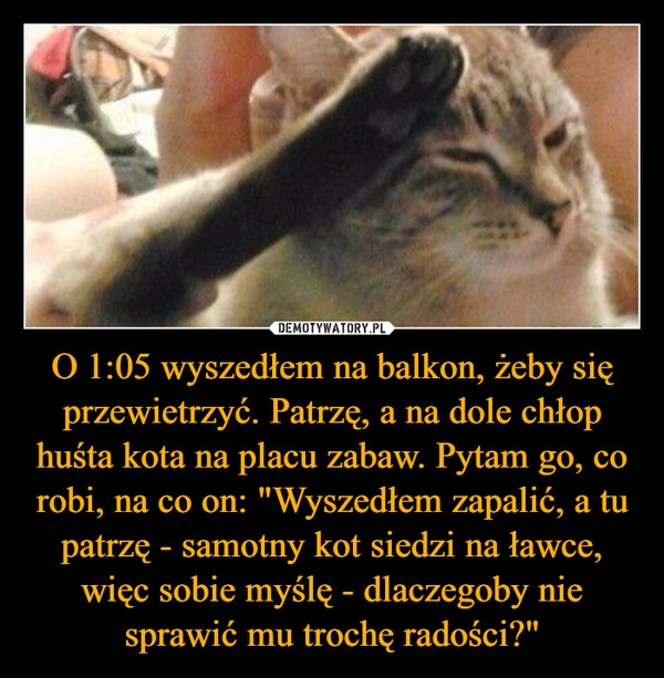 
    O 1:05 wyszedłem na balkon, żeby się przewietrzyć. Patrzę, a na dole chłop huśta kota na placu zabaw. Pytam go, co robi, na co on: "Wyszedłem zapalić, a tu patrzę - samotny kot siedzi na ławce, więc sobie myślę - dlaczegoby nie sprawić mu trochę radości?"