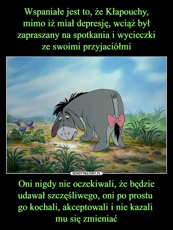 
    Wspaniałe jest to, że Kłapouchy,
mimo iż miał depresję, wciąż był zapraszany na spotkania i wycieczki
ze swoimi przyjaciółmi Oni nigdy nie oczekiwali, że będzie udawał szczęśliwego, oni po prostu 
go kochali, akceptowali i nie kazali 
mu się zmieniać