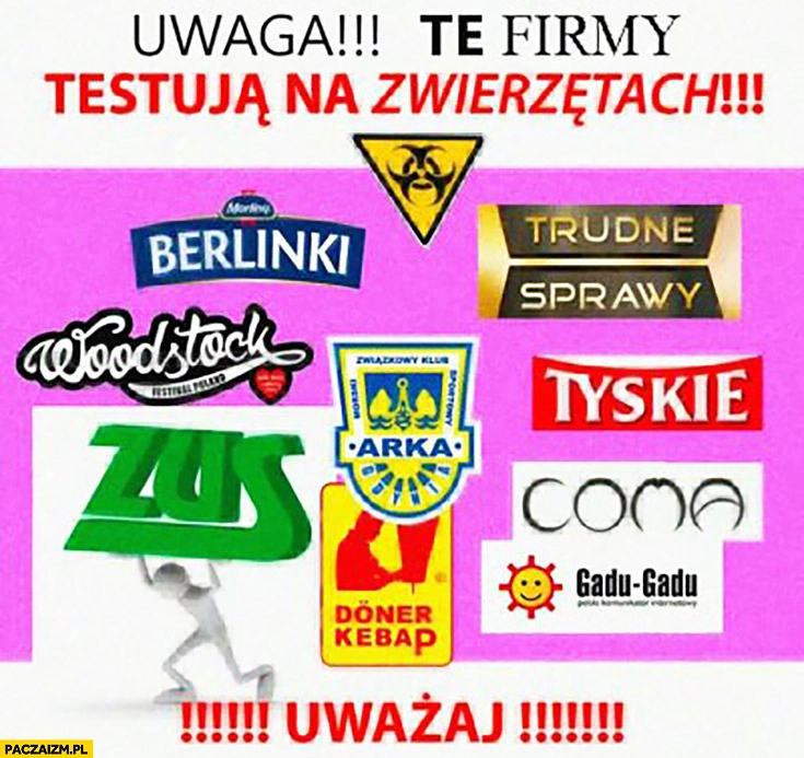 
    Uwaga te firmy testują na zwierzętach: Berlinki, ZUS, Arka Gdynia, Woodstock, Tyskie, Coma, Gadu-gadu, Doner kebap, Trudne Sprawy