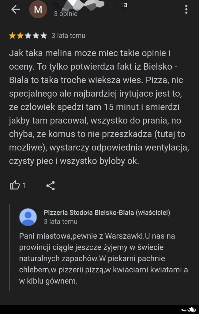 
    Odpowiedź właściciela na niepochlebną opinię 