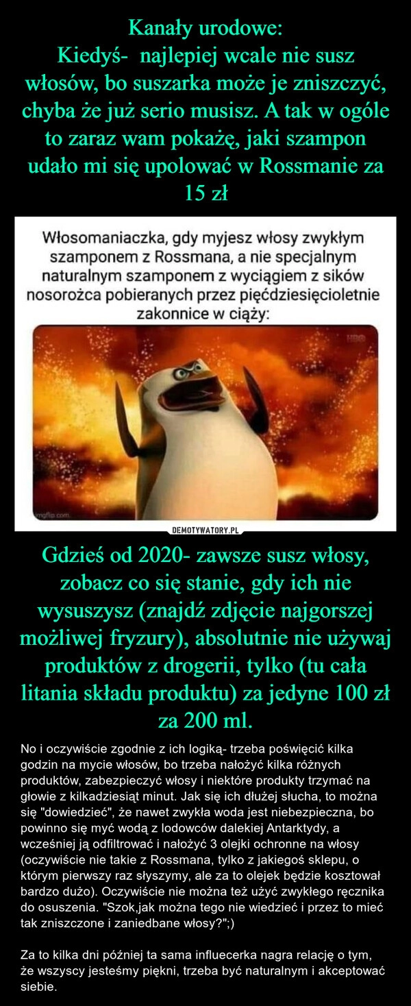 
    Kanały urodowe:
Kiedyś-  najlepiej wcale nie susz włosów, bo suszarka może je zniszczyć, chyba że już serio musisz. A tak w ogóle to zaraz wam pokażę, jaki szampon udało mi się upolować w Rossmanie za 15 zł Gdzieś od 2020- zawsze susz włosy, zobacz co się stanie, gdy ich nie wysuszysz (znajdź zdjęcie najgorszej możliwej fryzury), absolutnie nie używaj produktów z drogerii, tylko (tu cała litania składu produktu) za jedyne 100 zł za 200 ml.