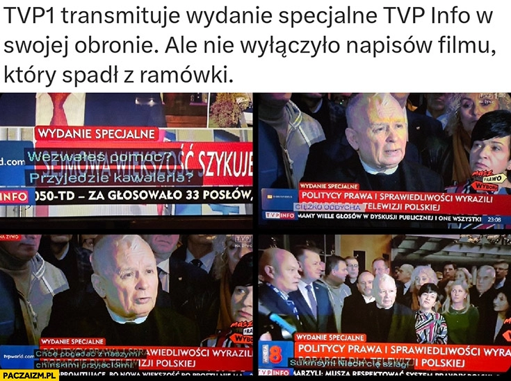 
    TVP transmituje wydanie specjalne TVP info w swojej obronie ale nie wyłączono napisów filmu który spadł z ramówki przyjedzie kawaleria ciężko oddycha