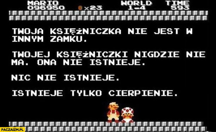 
    Mario Twoja księżniczka nie jest w innym zamku, ona nie istnieje, istnieje tylko cierpienie