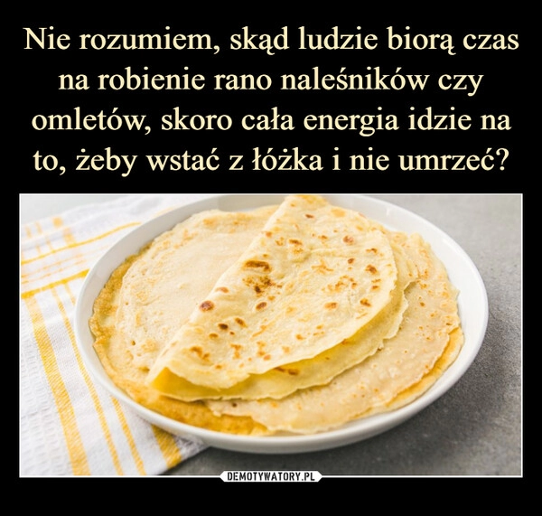 
    Nie rozumiem, skąd ludzie biorą czas
na robienie rano naleśników czy omletów, skoro cała energia idzie na to, żeby wstać z łóżka i nie umrzeć?