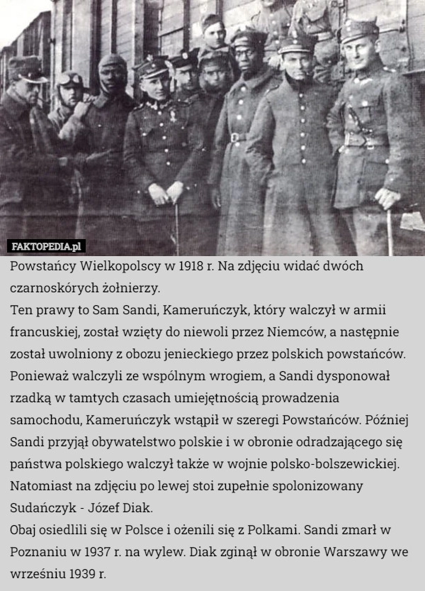 
    
			Powstańcy Wielkopolscy w 1918 r. Na zdjęciu widać dwóch czarnoskórych żołnierzy.					