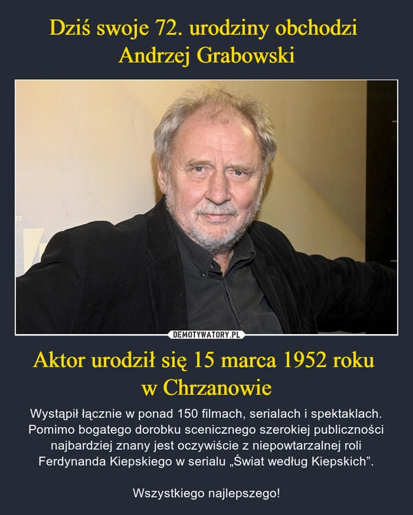 
    Dziś swoje 72. urodziny obchodzi 
Andrzej Grabowski Aktor urodził się 15 marca 1952 roku 
w Chrzanowie