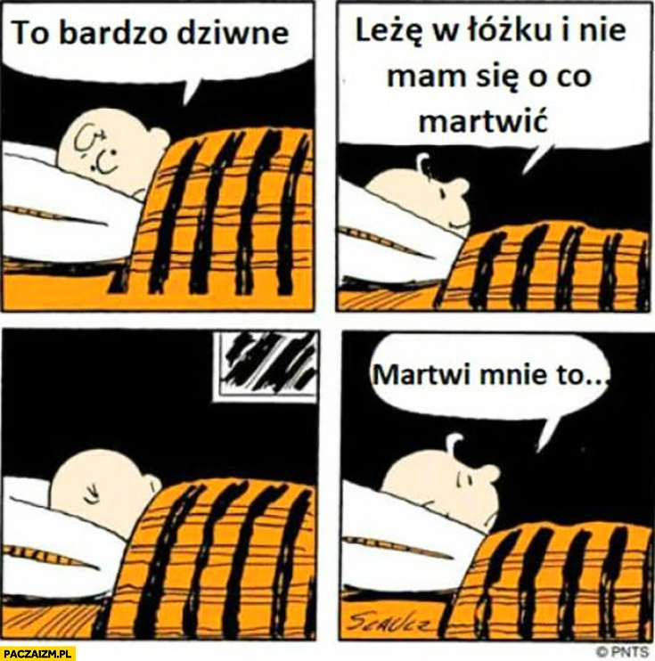 
    To bardzo dziwne leżę w łóżku i nie mam się o co martwić, martwi mnie to