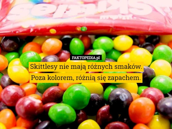 
    Skittlesy nie mają różnych smaków.
Poza kolorem, różnią się zapachem.