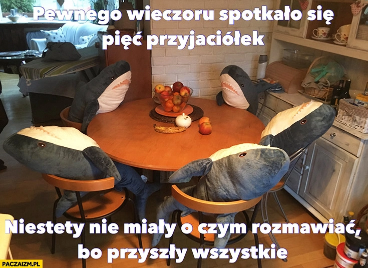 
    Pewnego wieczoru spotkało się pięć przyjaciółek, niestety nie miały o czym rozmawiać, bo przyszły wszystkie rekiny przy stole whatever