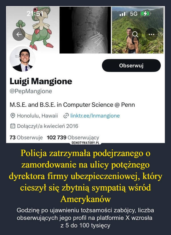 
    Policja zatrzymała podejrzanego o zamordowanie na ulicy potężnego dyrektora firmy ubezpieczeniowej, który cieszył się zbytnią sympatią wśród Amerykanów