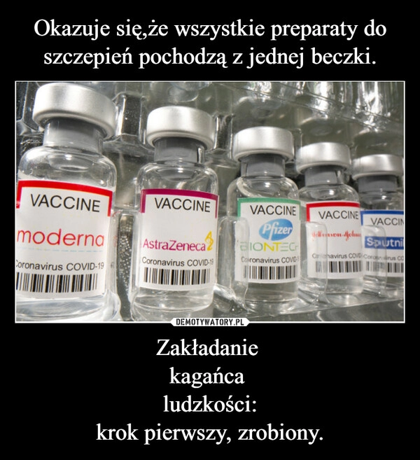 
    Okazuje się,że wszystkie preparaty do szczepień pochodzą z jednej beczki. Zakładanie 
kagańca 
ludzkości:
krok pierwszy, zrobiony.