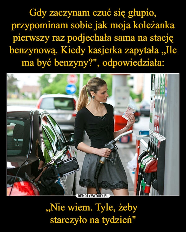 
    Gdy zaczynam czuć się głupio, przypominam sobie jak moja koleżanka pierwszy raz podjechała sama na stację benzynową. Kiedy kasjerka zapytała „Ile ma być benzyny?", odpowiedziała: „Nie wiem. Tyle, żeby 
starczyło na tydzień"