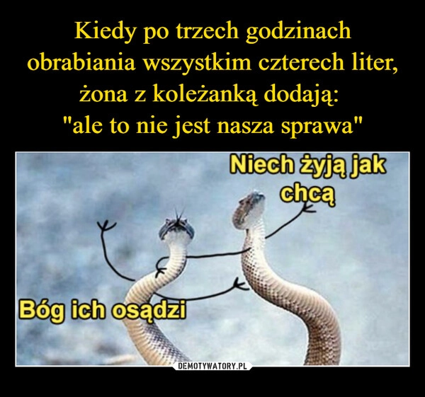 
    Kiedy po trzech godzinach obrabiania wszystkim czterech liter, żona z koleżanką dodają: 
"ale to nie jest nasza sprawa"