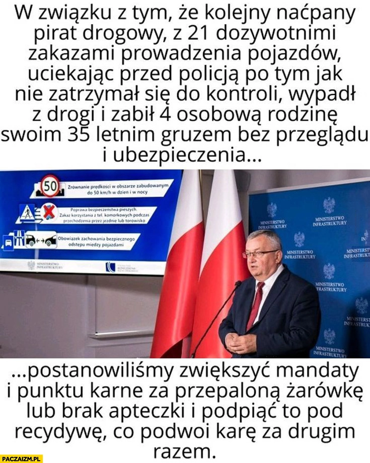 
    Kolejny naćpany pirat drogowy zabił rodzinę wiec zwiększamy mandaty i punkty karne za przepalona żarówkę i brak apteczki