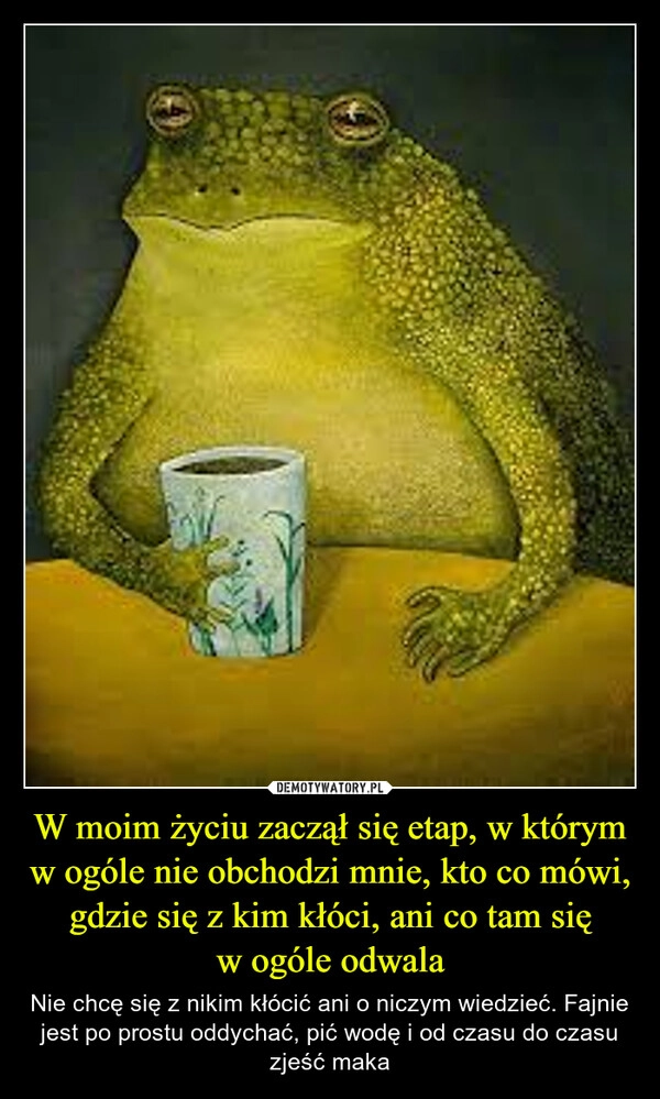 
    W moim życiu zaczął się etap, w którym w ogóle nie obchodzi mnie, kto co mówi, gdzie się z kim kłóci, ani co tam się
w ogóle odwala