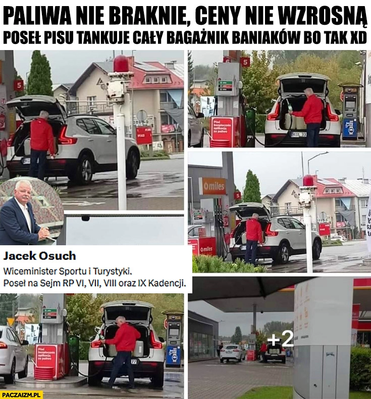 
    Paliwa nie braknie poseł Jacek Osuch tankuje baniaki w bagażniku na zapas