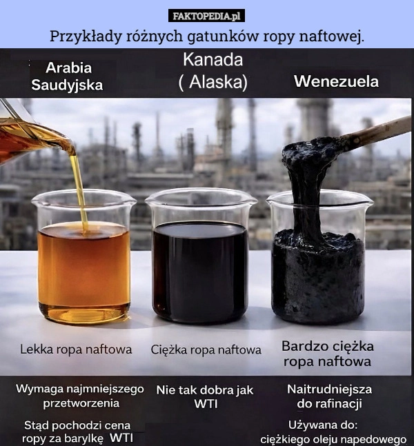 
    Przykłady różnych gatunków ropy naftowej.
