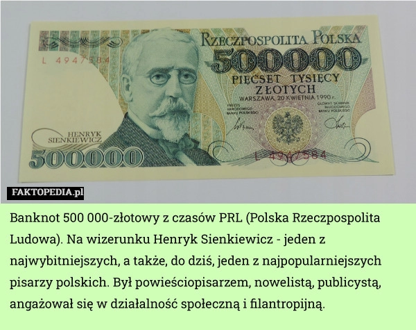 
    Banknot 500 000-złotowy z czasów PRL (Polska Rzeczpospolita Ludowa). Na