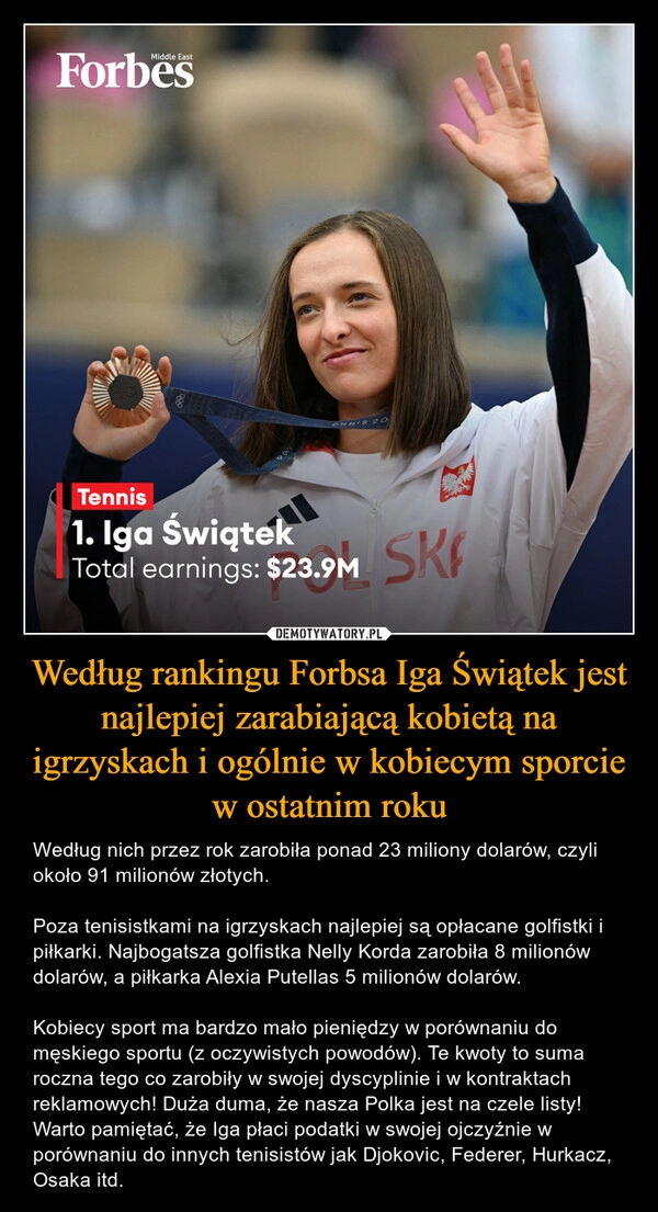 
    Według rankingu Forbsa Iga Świątek jest najlepiej zarabiającą kobietą na igrzyskach i ogólnie w kobiecym sporcie w ostatnim roku