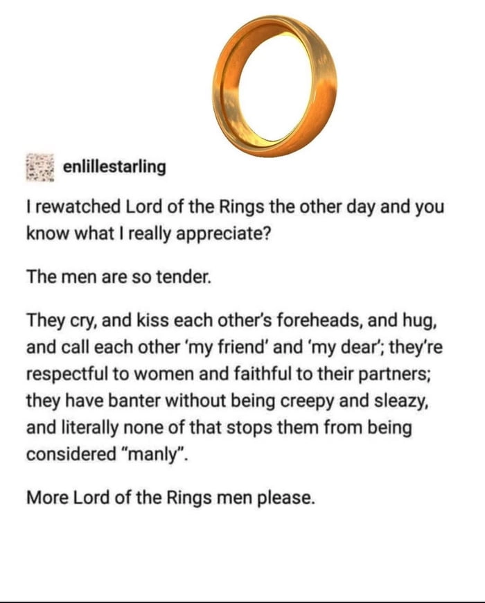 
    A great point about the positive portrayal of masculinity in Lord of the Rings.
