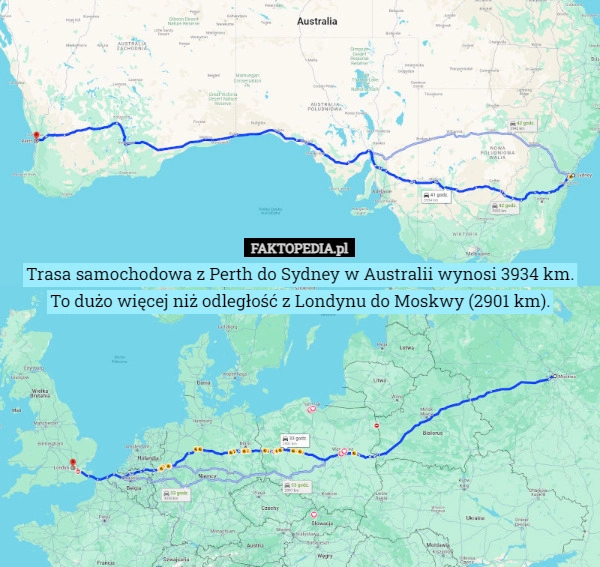 
    Trasa samochodowa z Perth do Sydney w Australii wynosi 3934 km.
To dużo