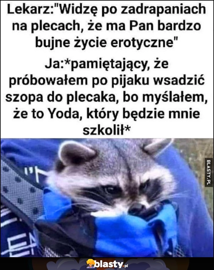 
    Lekarz: po plecach widzę, że ma Pan bujne życie erotyczne vs ja próbowałem po pijaku wsadzić szopa do plecaka, bo myślałem że to Yoda który będzie mnie szkolił