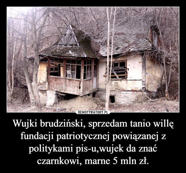 
    Wujki brudziński, sprzedam tanio willę fundacji patriotycznej powiązanej z politykami pis-u,wujek da znać czarnkowi, marne 5 mln zł. 