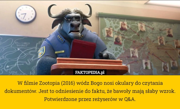 
     W filmie Zootopia (2016) wódz Bogo nosi okulary do czytania dokumentów.